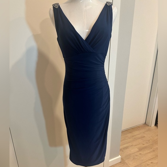 Lauren Ralph Lauren Evening Navy Cocktail Dress Midi Size 2 Elegant Evening - Picture 7 of 11